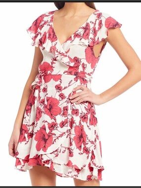 Free People White Mini Wrap Dress with Coral Floral Print